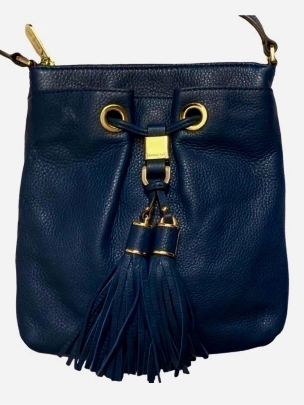 Michael Kors Navy Leather Tassel Crossbody Bucket Bag